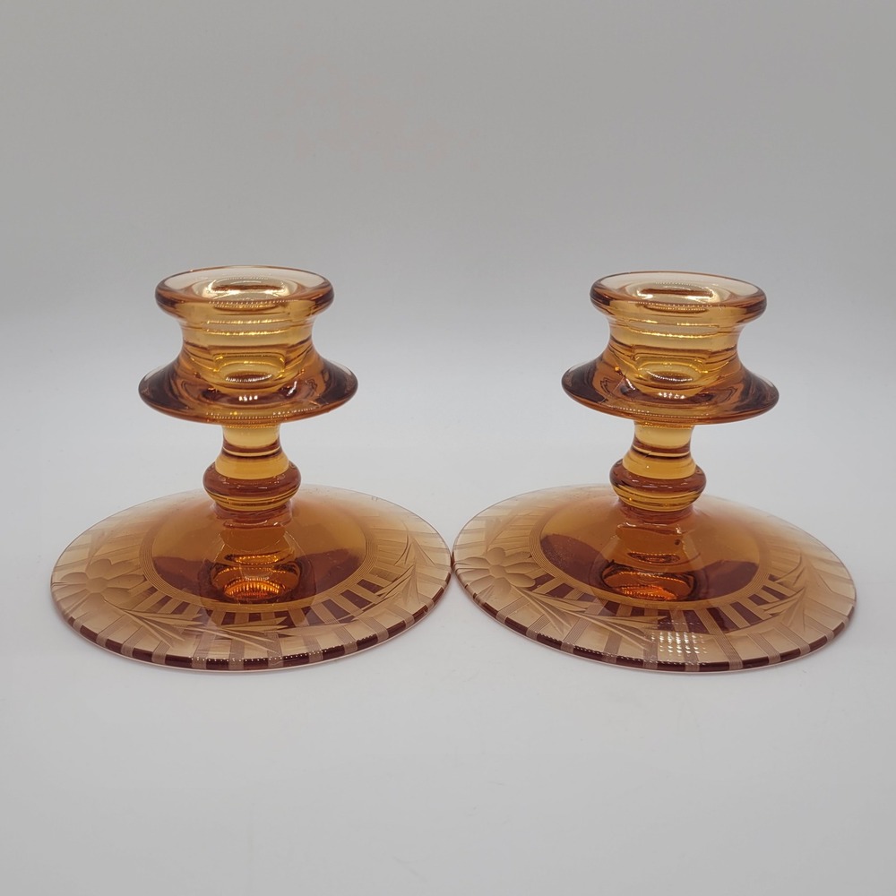 Vintage Amber Glass Etched Floral Wheat Taper Candle Holders Pair 3.5 Inch
